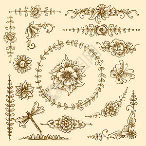复古花卉书法装饰元素草图集花蝴蝶孤立矢量插图图片
