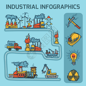 工业彩色素描信息图集与汽油电力工业元素矢量插图图片