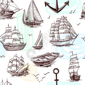帆船,高船,护卫舰,大型帆船,素描,无缝图案,矢量插图图片