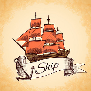 帆船高船木制老式剪刀与红帆航海标志与丝带绳子矢量插图图片
