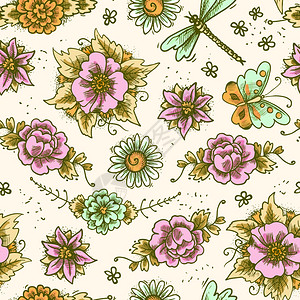 复古花卉装饰彩色素描无缝图案与花卉蝴蝶矢量插图背景图片