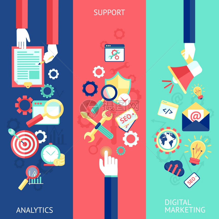 SEO平横幅与分析支持数字营销孤立矢量插图图片