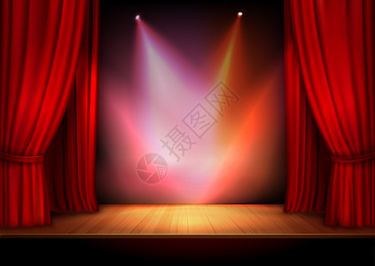 古典舞台素材红色舞台开放剧院天鹅绒窗帘与灯光斑点矢量插图插画