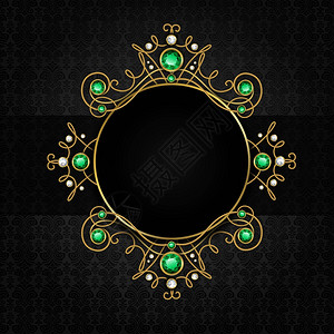 几何体金色钻石珠宝黑色经典金色皇冠与钻石绿色祖母绿框架矢量插图插画