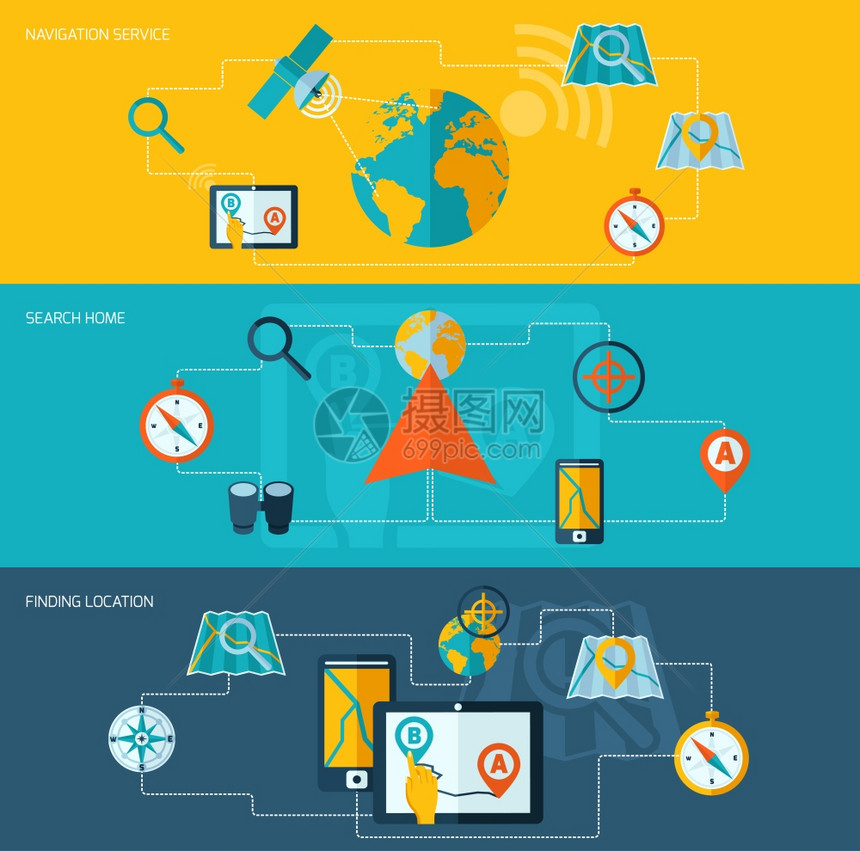 导航横幅与搜索家庭GPS系统查找位置孤立矢量插图图片