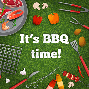 烧烤烧烤烧烤野餐海报与肉鱼蔬菜矢量插图图片