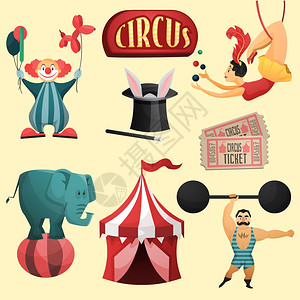 马戏装饰帐篷小丑魔术帽孤立矢量插图图片