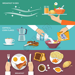 早餐横幅平咖啡玉米片床隔离矢量插图背景图片