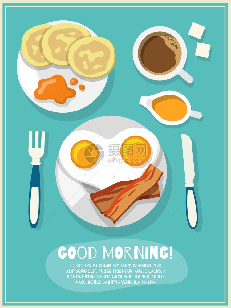 早餐海报与煎蛋,培根,咖啡图标早上好文本矢量插图图片