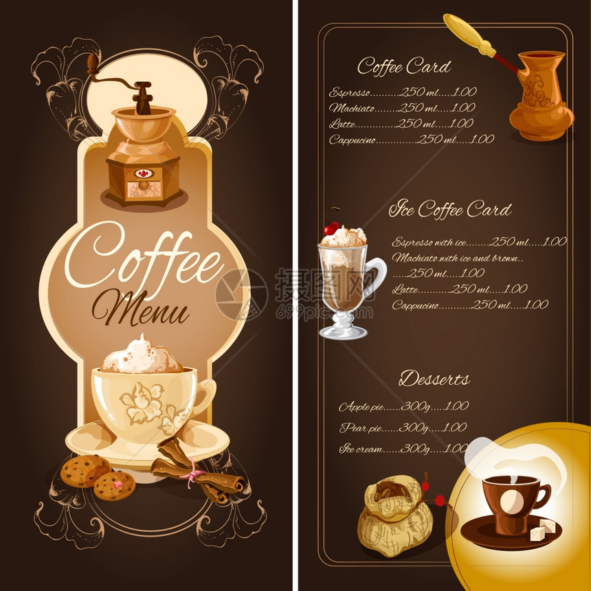 咖啡厅菜单模板与热冰咖啡甜点元素装饰矢量插图图片