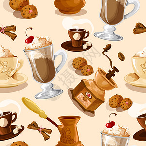咖啡色无缝图案与土耳其饼干肉桂磨床杯矢量插图背景图片