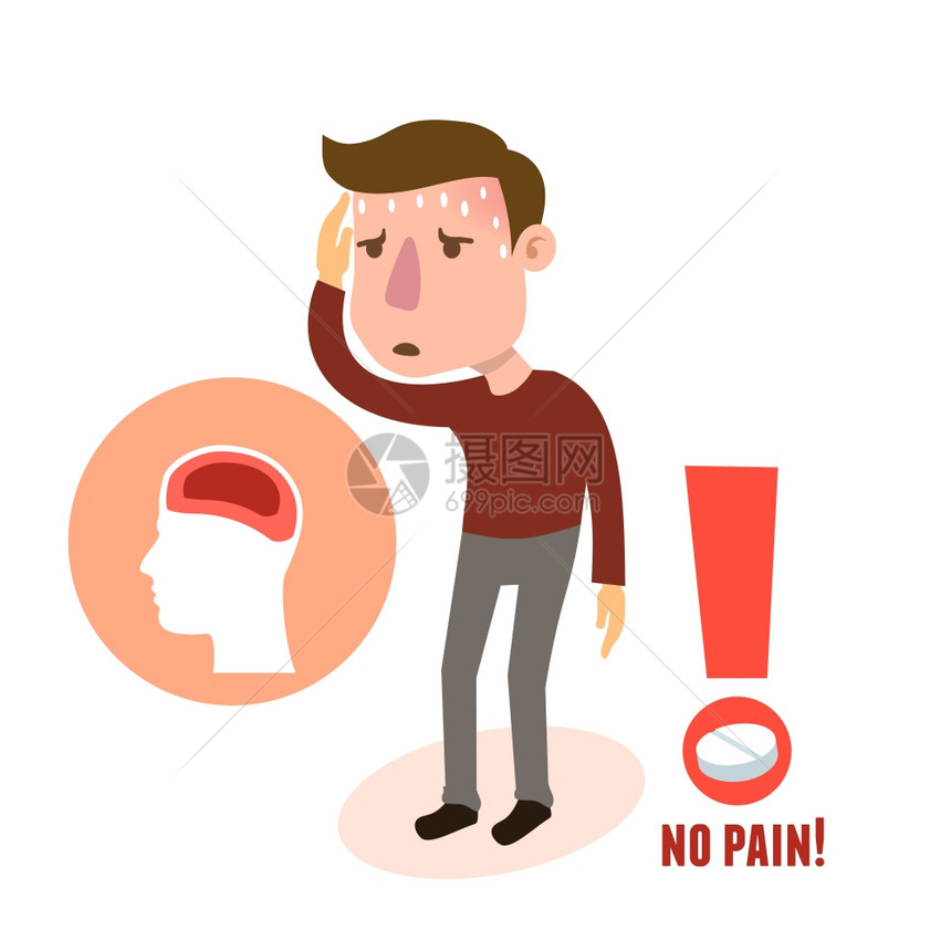 病态头痛男人物与药丸矢量插图图片