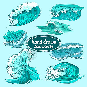 波浪流水手绘海洋彩色装饰图标孤立矢量插图图片