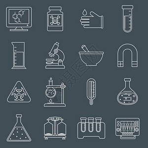科学研究实验室大纲线图标危险标志烧杯温度计烧瓶隔离矢量插图图片