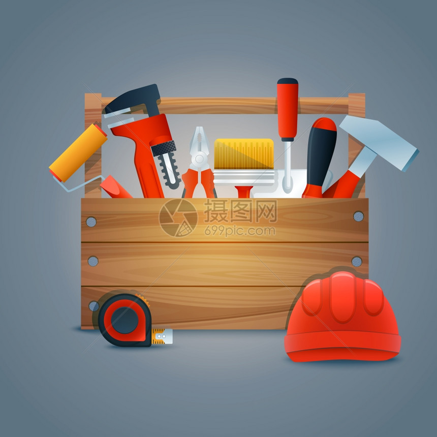 修理施工工具箱套件与工作设备工具矢量插图图片