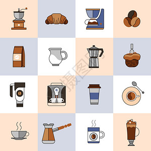 咖啡图标平线与浓缩咖啡卡布奇诺Frappe孤立矢量插图插画