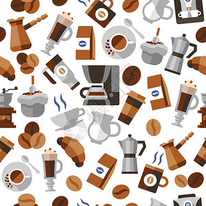 咖啡无缝图案与糖罐罐豆杯机矢量插图图片