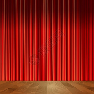 剧院舞台场景与木地板红色天鹅绒复古风格窗帘背景矢量插图图片