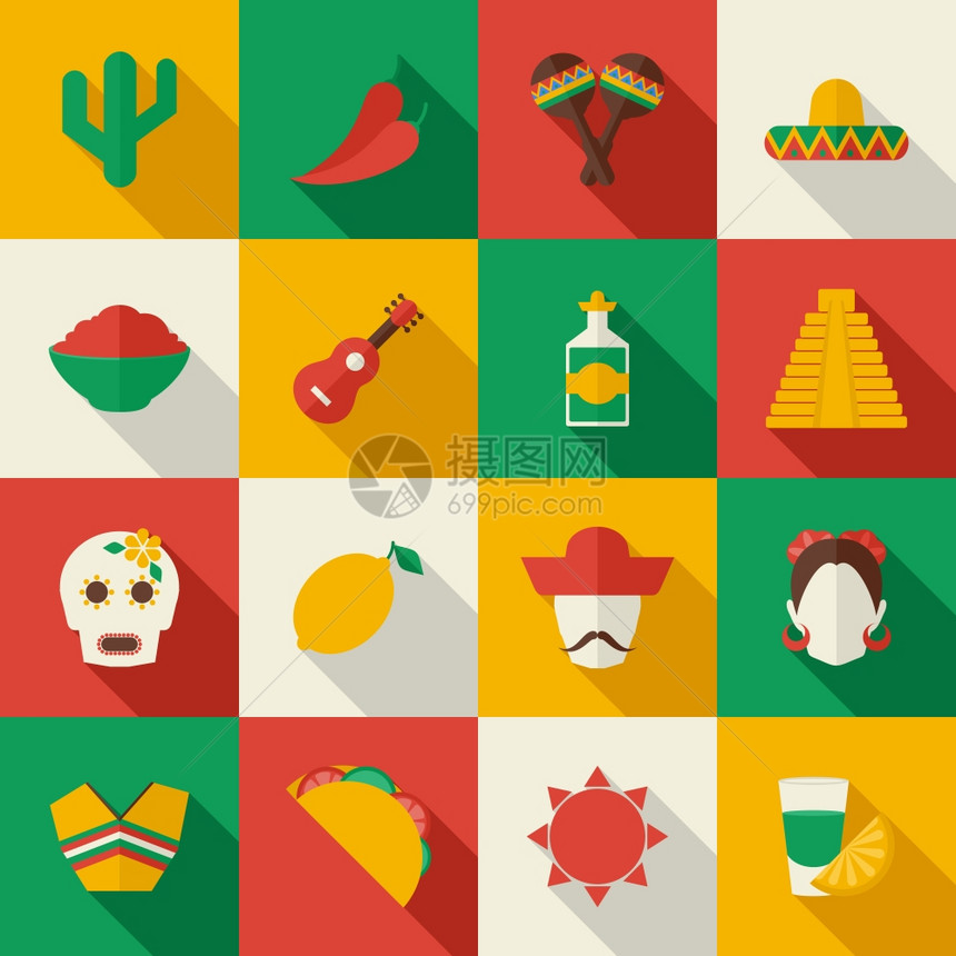 墨西哥旅行符号平图标与具柠檬人矢量插图图片