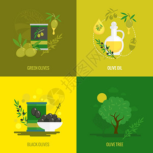 橄榄平图标绿色黑色油树集孤立矢量插图图片