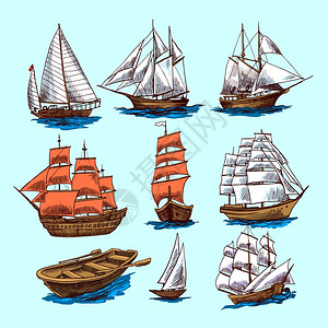 帆船高船游艇船彩素描装饰元素孤立矢量插图图片