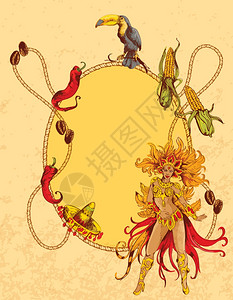 南美洲彩色素描背景女嘉华服装旅游符号框架矢量插图图片