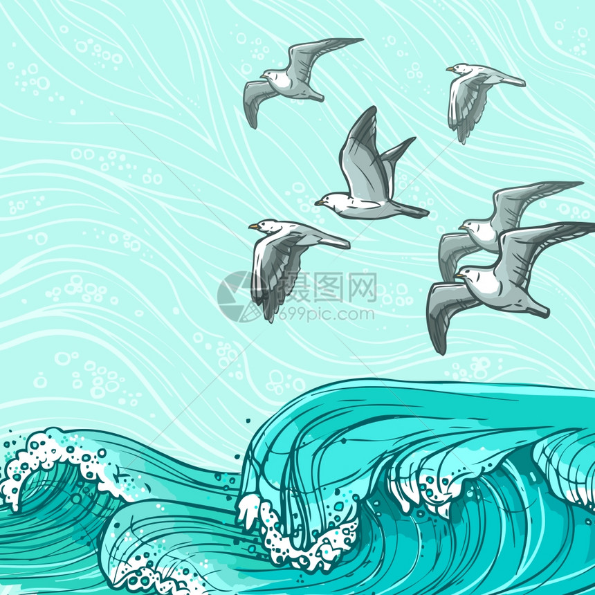 波浪流水勾画大海飞翔的海鸥鸟类彩色背景矢量插图图片