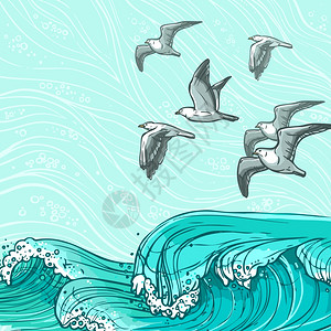 波浪流水勾画大海飞翔的海鸥鸟类彩色背景矢量插图图片