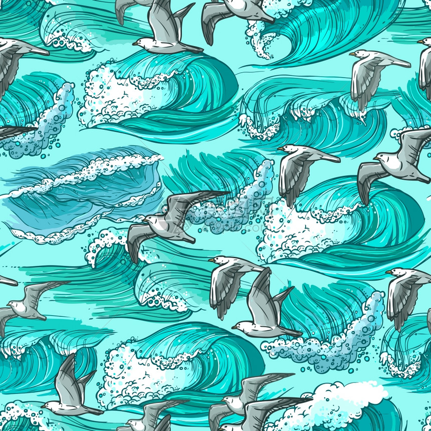 波浪流水勾勒大海飞翔的海鸥鸟彩色无缝图案矢量插图图片