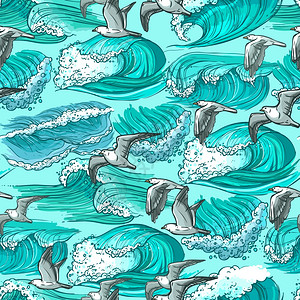 波浪流水勾勒大海飞翔的海鸥鸟彩色无缝图案矢量插图图片