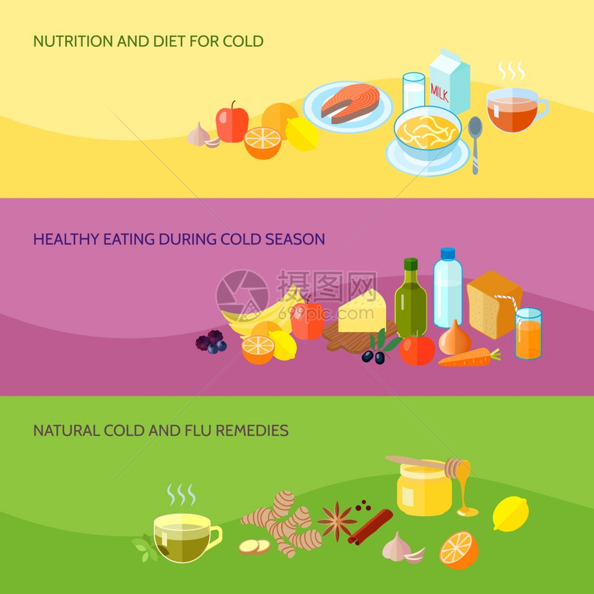 健康食品横幅与营养饮食的寒冷季节,自然流感补救措施矢量插图图片