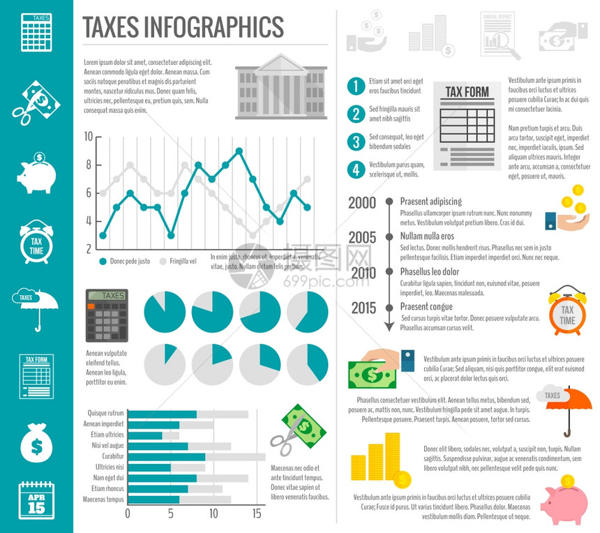 税收资金财政削减支付减少符号信息图表图表矢量插图图片