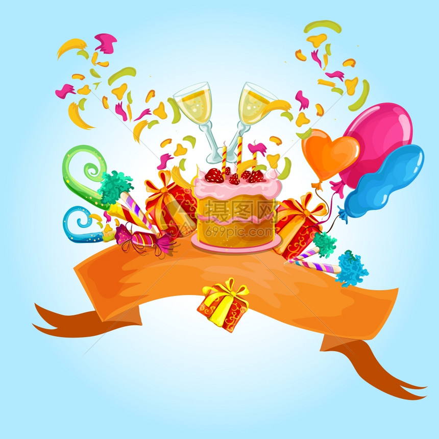 庆祝彩色背景与香槟眼镜生日蛋糕矢量插图图片