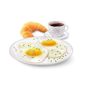 早餐食物和咖啡早餐写实套与杯咖啡牛角包煎蛋盘子矢量插图插画
