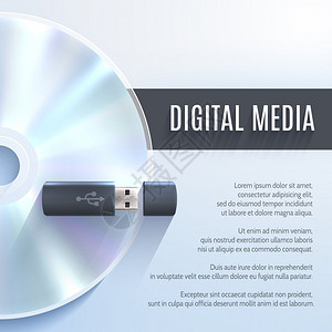 USB闪存驱动器现实设备与CD数字媒体背景矢量插图图片