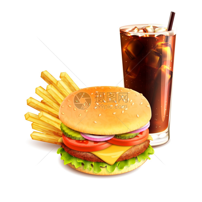 汉堡包炸薯条可乐现实快餐图标隔离白色背景矢量插图图片