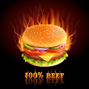 现实牛肉汉堡火热快餐背景矢量插图图片