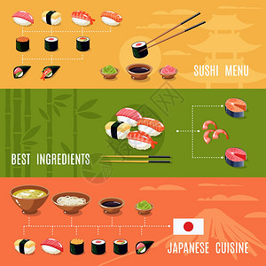 亚洲食品横幅与寿司菜单最佳成分日本料理孤立矢量插图图片