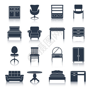 家具图标黑色与床侧板椅子办公室桌子隔离矢量插图图片