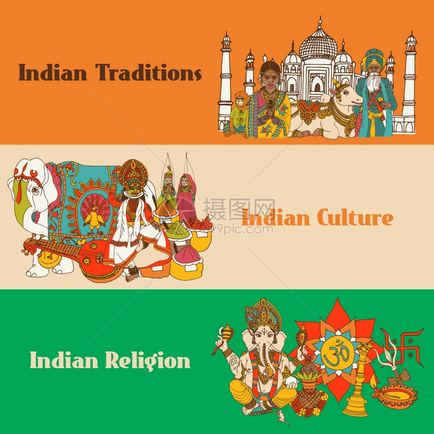 印度彩色素描横幅与传统文化,宗教,矢量插图图片