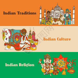 印度彩色素描横幅与传统文化,宗教,矢量插图背景图片