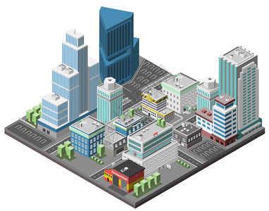 城市市中心与等距办公摩天大楼建筑三维矢量插图背景图片
