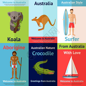 澳大利亚桥澳大利亚迷你海报考拉冲浪者鳄鱼孤立矢量插图插画
