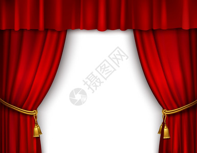 红色舞台开放剧院天鹅绒窗帘与黄金纺流苏隔离矢量插图图片