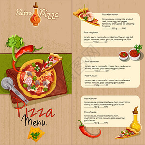 披萨菜单比萨饼店比萨饼餐厅菜单模板与配料油调味料矢量插图插画