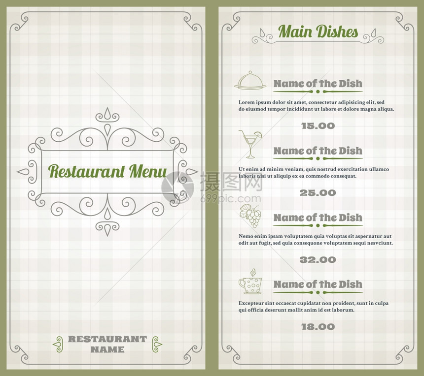 优雅的餐厅菜单列表与装饰元素的平方背景矢量插图图片