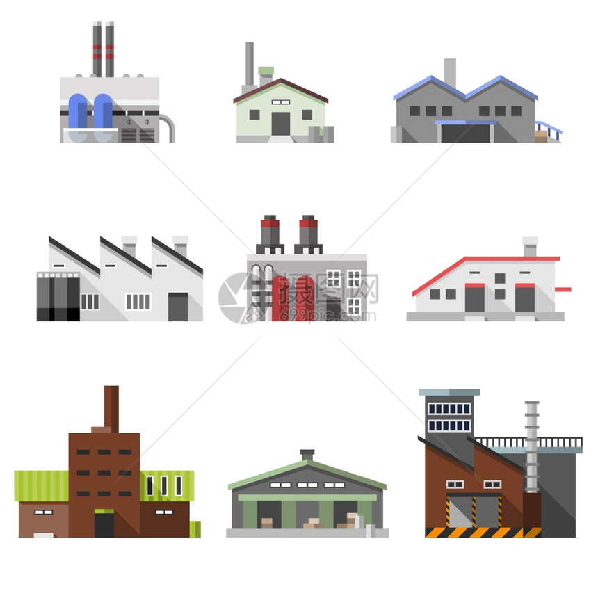 工厂电力工业工厂建筑平装饰图标孤立矢量插图图片