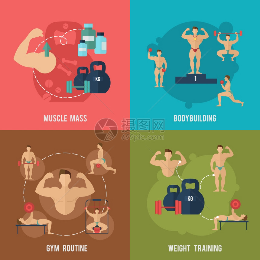 健美平图标肌肉质量健身房常规体重训练孤立矢量插图图片