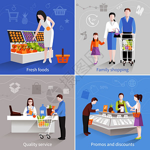 人们超市的理念中了新鲜水果家庭购物优质服务宣传折扣平图标孤立矢量插图图片