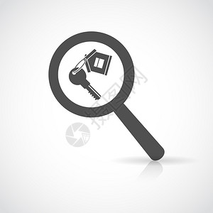 放大镜钥匙与房屋标签房地产黑色图标矢量插图图片